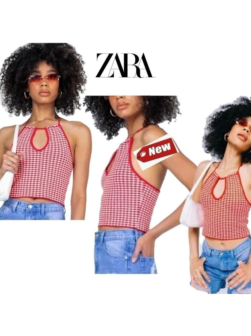Zara red white printed knit halter crop top Sz M NWT